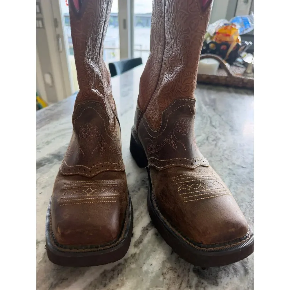 Justin Gy9530 Men’s Western Size 10B Brown Embossed Leather Pull On Cowboy Boots